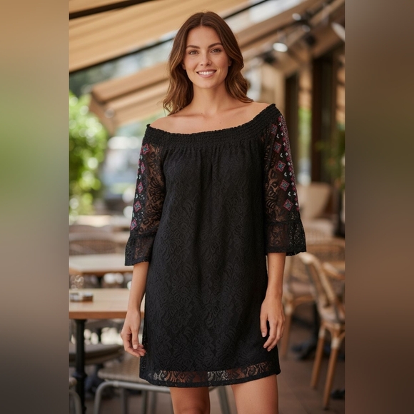 MIAMI Black Off-Shoulder Lace Dress SIZE MEDIUM - Picture 1 of 11